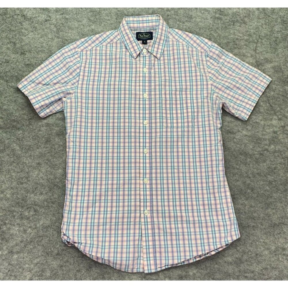 Nat Nast Luxury Originals Shirt Men S Small Pink Blue Plaid White Short Sleeve